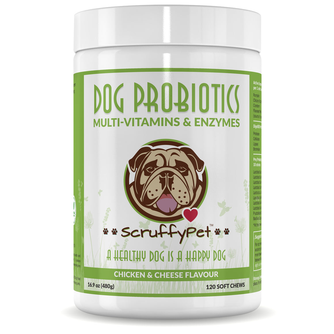 ScruffyPet Probiotics for Dogs with Multivitamins Minerals and Digestive Enzymes, 36 Active Ingredients Per Soft Chew 120ct